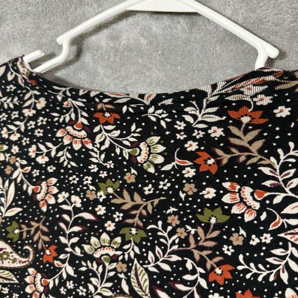 J Jill Top L Tunic Pima Crew Neck High Low Tee Brown Sleeves Fall Floral Paisley - Picture 4 of 9